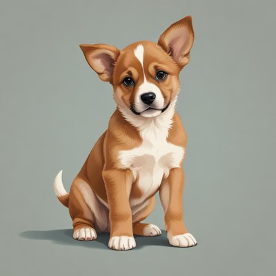 A brown and white puppy sits on a gray background