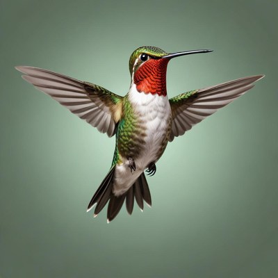 A ruby-throated hummingbird hovers in flight