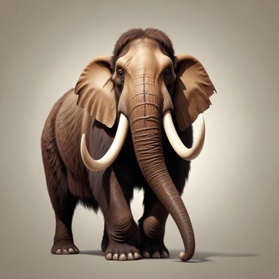 A woolly mammoth walks forward with its trunk down