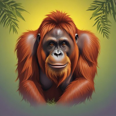 An orangutan sits in a jungle setting