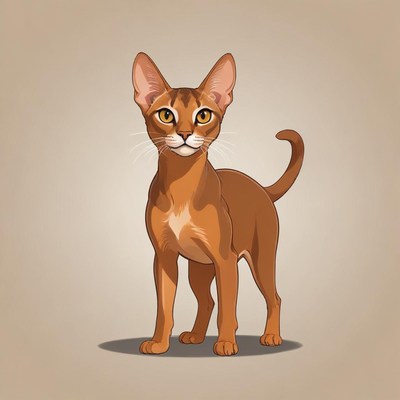 A brown abyssinian cat stands tall with its tail curled