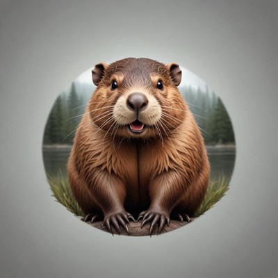 A happy beaver smiles at the camera in a forest setting