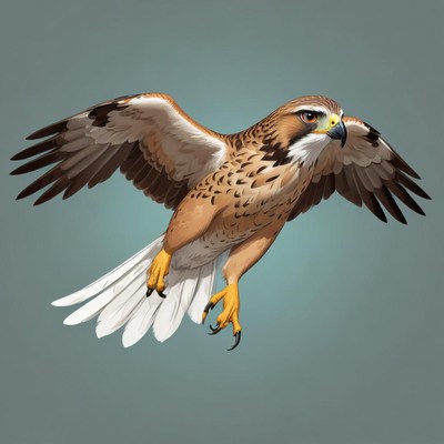 A hawk with brown and white feathers soars through the air