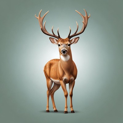 A deer with large antlers stands on a blue background