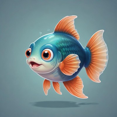 A cartoon fish with orange fins swims in blue water
