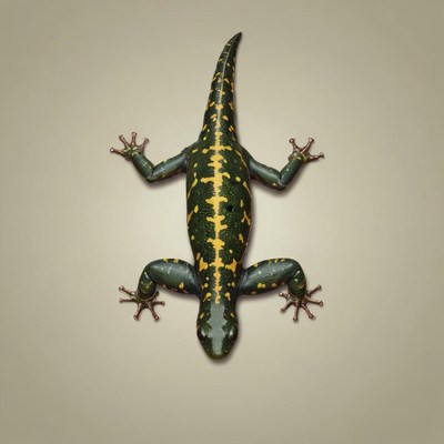 A black and yellow salamander rests on a neutral background
