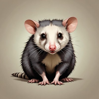 A cute opossum sits on a plain background