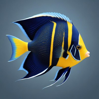 A yellow and blue angelfish swims against a grey background
