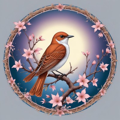 A red-breasted bird sits on a branch of pink blooms