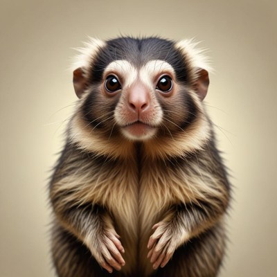 A small monkey stares at the camera with large, curious eyes