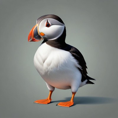 A puffin stands on a gray background