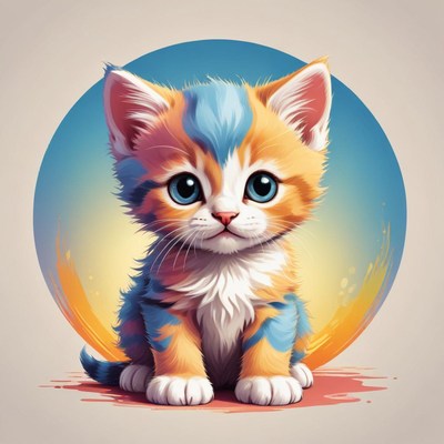 A cute kitten sits against a colorful background