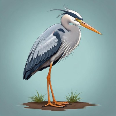 A great blue heron stands on a small patch of dirt