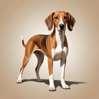 A brown and white dog stands against a beige background