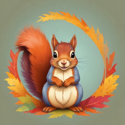 A cute squirrel sits in a wreath of colorful autumn leaves