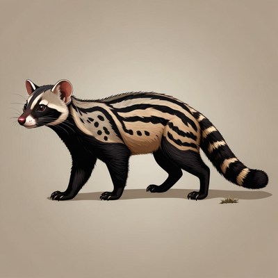 A striped civet walks on a beige background