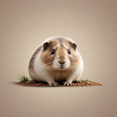 A fluffy hamster sits on the ground, looking up