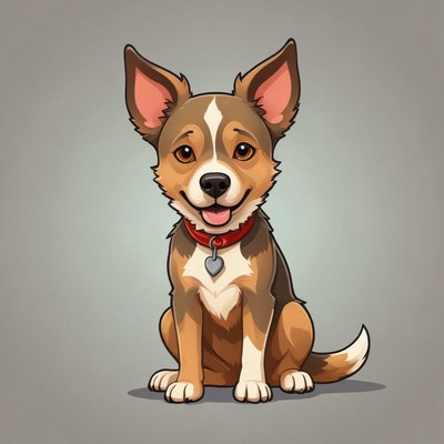 A happy brown and white dog sits with a red collar