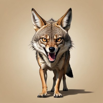 A coyote snarls in front of a neutral background