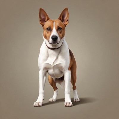 A brown and white dog sits against a tan background