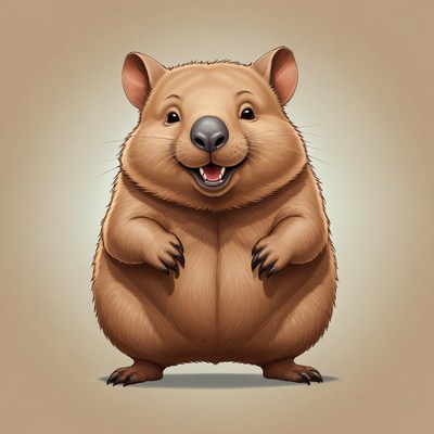 A smiling quokka stands on a light brown background