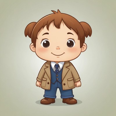 A cartoon girl with pigtails stands smiling in a brown coat