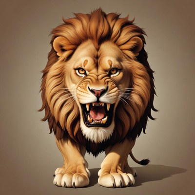 A roaring lion stands tall, its mane flowing in the breeze