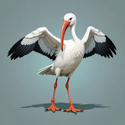 A white ibis stands with its wings spread wide