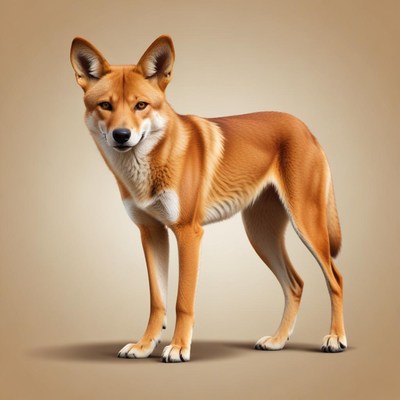 A dingo stands alert in a studio setting