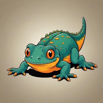 A green and orange cartoon frog sits on a brown background