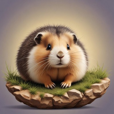 A cute hamster sits on a rock with grass