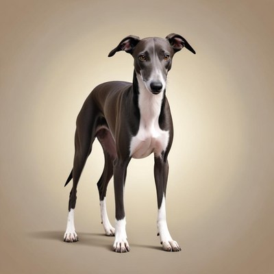 A black and white dog stands in a studio