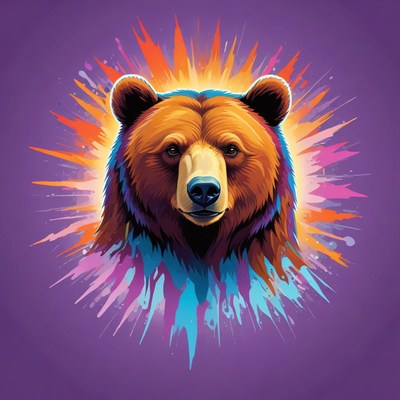 A brown bear is shown with a colorful splash behind it