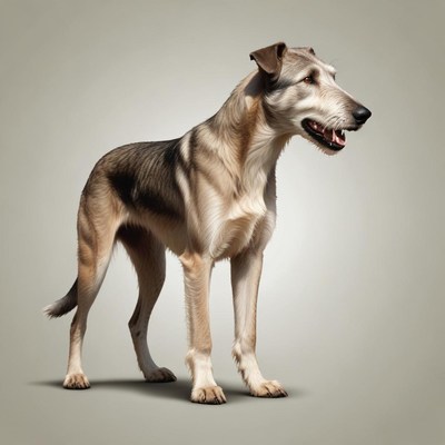 A brown and white dog stands on a plain background