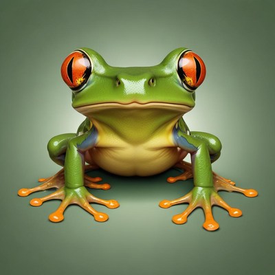 Green tree frog with orange eyes on green backdrop