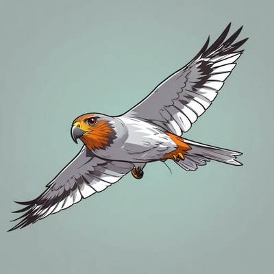 A white and orange bird soars through the air