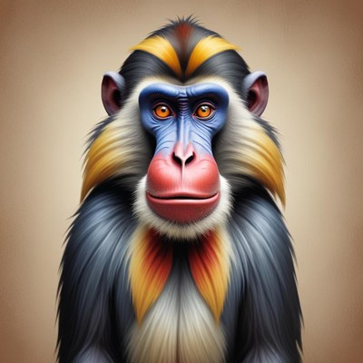 A mandrill stares directly at the camera