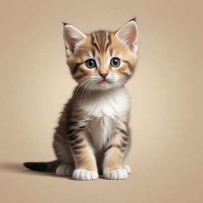A brown tabby kitten sits on a beige background