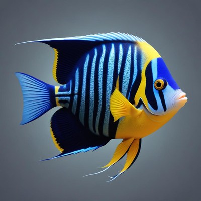 A blue and yellow fish swims through the water