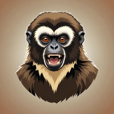 A gibbon with a wide open mouth and bared teeth