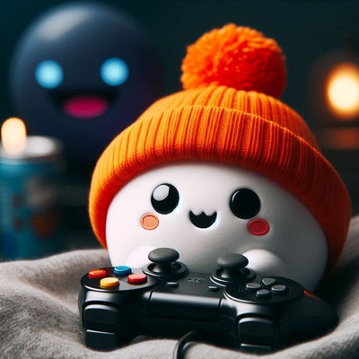A happy character in an orange hat is playing video games