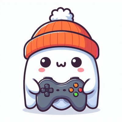 A cute ghost is wearing a red beanie and playing video games