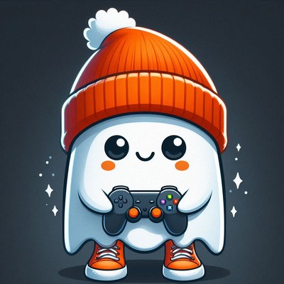 A cute ghost wearing a red hat plays video games