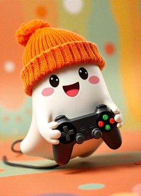 A happy ghost wearing an orange hat plays video games