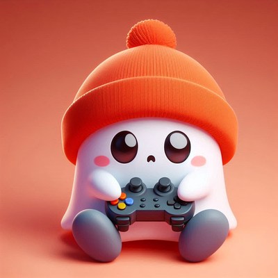 A cute ghost wearing a beanie plays video games