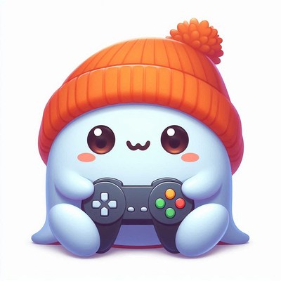 A blue character in an orange hat plays games