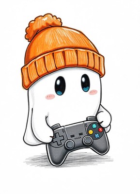 A cute ghost wearing an orange beanie plays video games