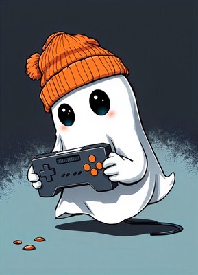 A cute ghost in an orange beanie plays video games