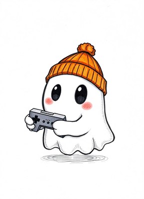 A cute ghost wearing a beanie plays video games
