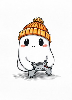 A cute ghost wearing a beanie plays video games